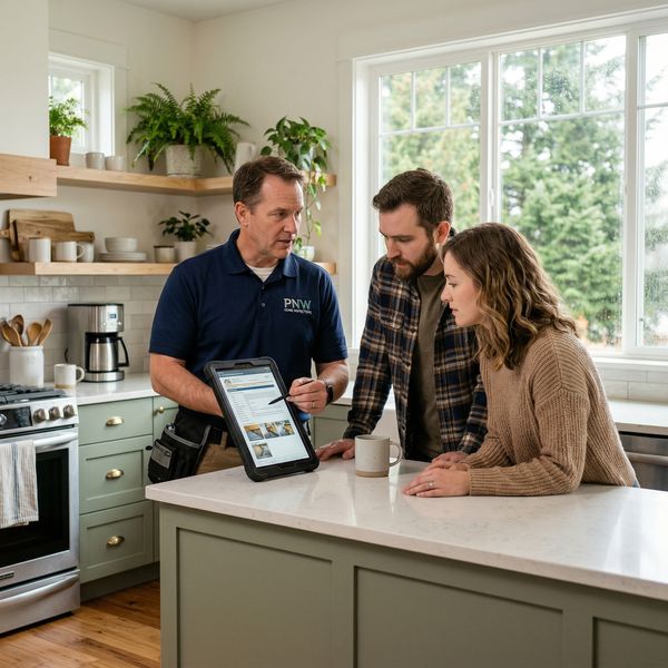 Inspector reviewing findings with couple in Pacific Northwest kitchen