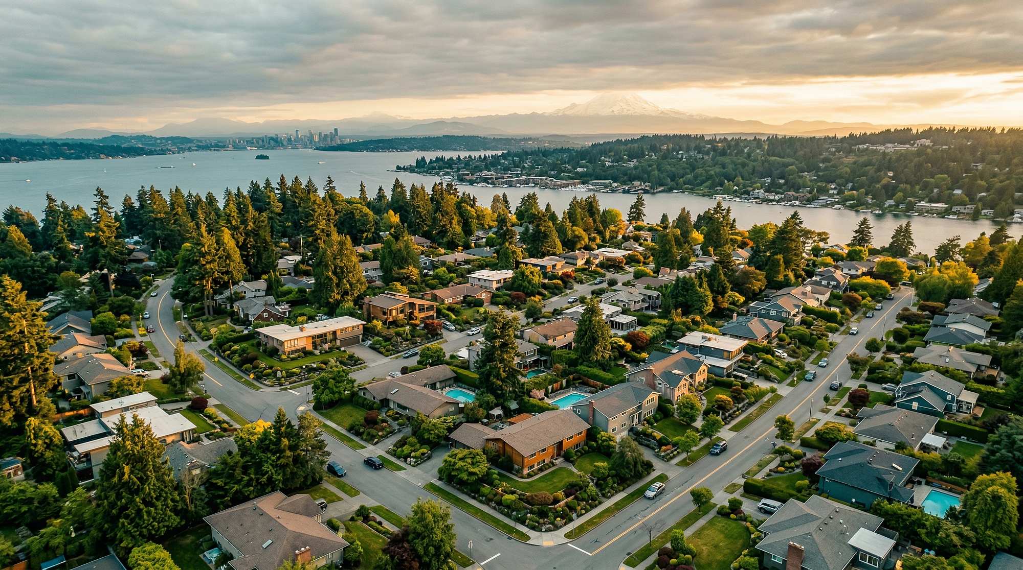 Aerial view of a Pacific Northwest neighborhood with water and mountains in the background